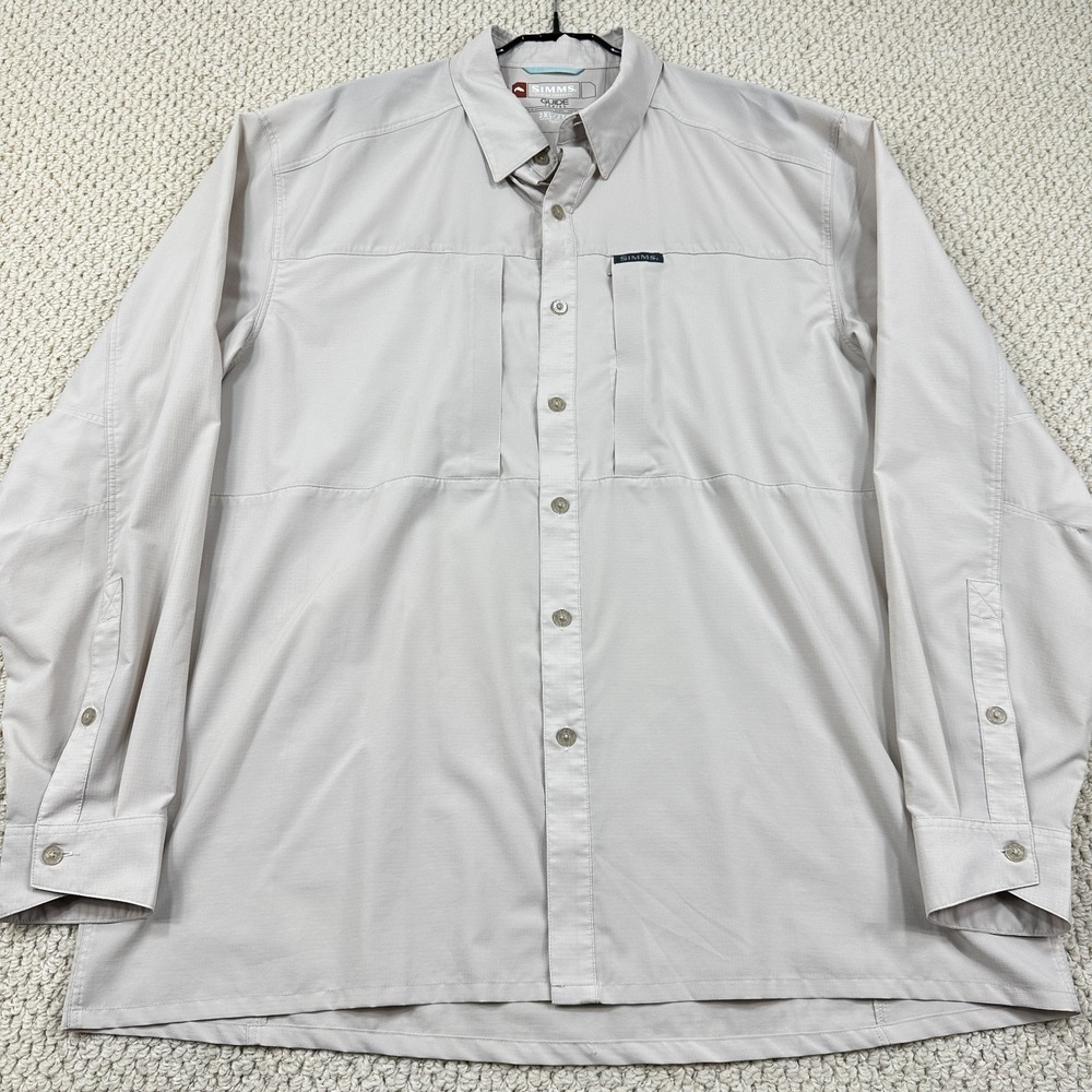 Simms Guide Series Shirt Mens 2XL Beige Long Sleeve Button Up Vented Fishing EUC